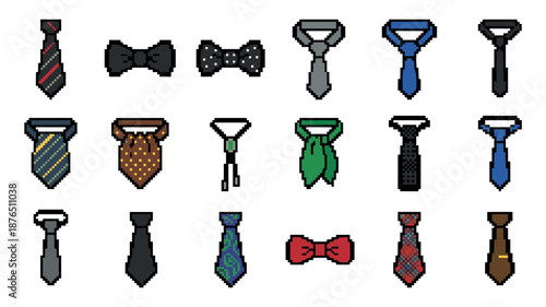 Collection of colorful pixel art neckties and bow ties with various patterns and styles, creating a retro 8-bit video game fashion accessory set for men's formal wear