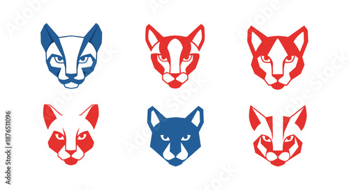 Geometric Fox Faces Set in Bold Red Blue White Minimalist Vector Art Design