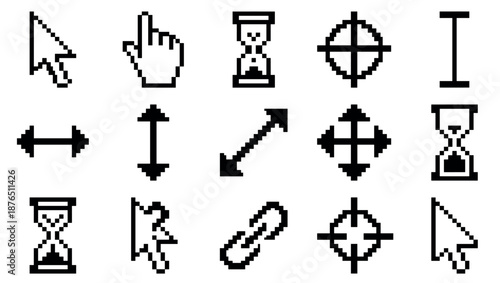 Collection of black pixel art cursors for computer interfaces, including arrow, hand, hourglass, and resize icons in a retro 8-bit style for graphic design elements