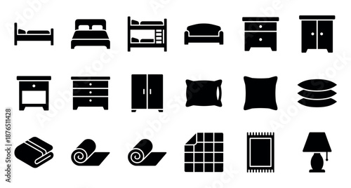 Collection of black bedroom furniture icons including beds, wardrobes, pillows, blankets, and lamps, designed in a simple glyph style for web and app user interface design