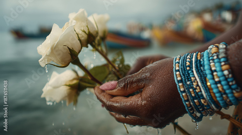 Hands holding white roses during Festa de Iemanjá in Rio Vermelho, Salvador, Brazil, near the water with boats in the background