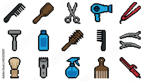 Collection of pixel art barber and hairdresser tools including a comb, scissors, hairdryer, and razor in a retro 8-bit video game style icon set for grooming and styling