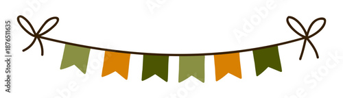 Green and orange flag garland. Textile pennants party decoration. Celebration flags for autumn festival and Saint Patrick's day decor. Vector illustration
