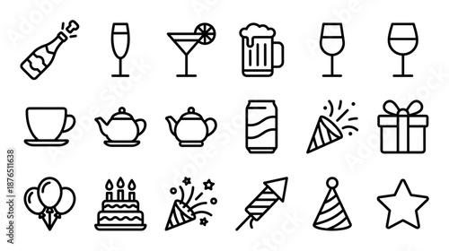 Collection of black line art icons for celebration and drinks, including champagne, cake, gifts, and party poppers, presented in a simple minimalist vector graphic style