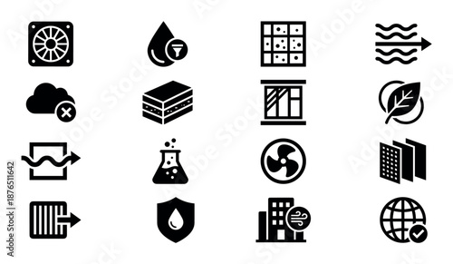 Collection of black glyph icons representing air and water filtration, purification, ventilation, and environmental quality control concepts in a minimalist vector style