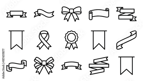 Collection of black ribbon and bow icons in a minimalist line art style, featuring various banners, awards, awareness loops, and decorative elements for graphic design