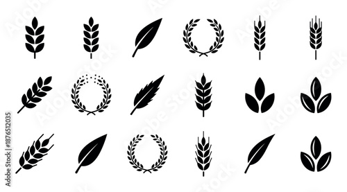 Collection of black wheat ear icons, laurel wreaths, leaves, and feather symbols in a minimalist graphic style, representing agriculture, victory, organic food, and nature