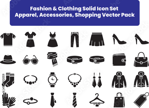 Fashion & Clothing Solid Icon Set – Apparel, Accessories, Shopping Vector Pack