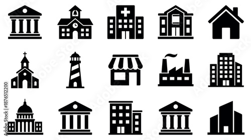 Set of black building icons representing various urban and public structures like a hospital, school, bank, and factory, presented as a simple glyph collection for graphic design