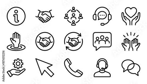 Set of black line icons for customer service and support, featuring minimalist symbols for communication, teamwork, assistance, partnership, and contact center operations