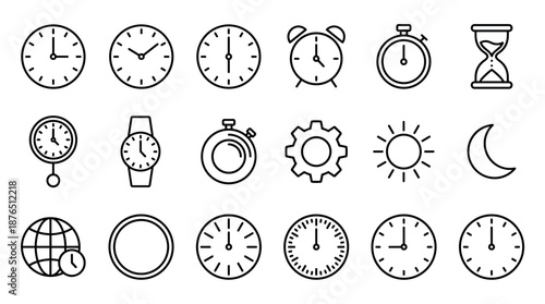 Collection of black time-related icons including clocks, a stopwatch, an hourglass, and a wristwatch in a minimalist line art style for time management concepts