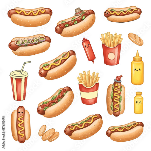 Cartoon set of hot dogs with buns and toppings isolated on white background