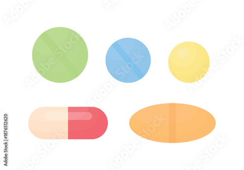 Vector illustration of five different pills viewed from top, isolated on white background. Includes capsules and tablets in various shapes and colors, suitable for medical, healthcare, pharmacy