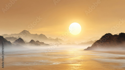 Serene Chinese Landscape with Majestic Mountains and Flowing River under a Golden Sunset Sky in Traditional Painting Style