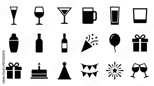 Collection of black silhouette party icons including glasses, bottles, gifts, and a birthday cake for celebration and event themes in a simple graphic vector style