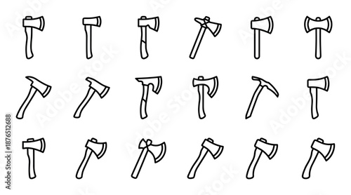 Collection of various axe and hatchet icons in a simple black line art style, showing different tool designs like felling, firefighter, and double-bit axes for survival concepts