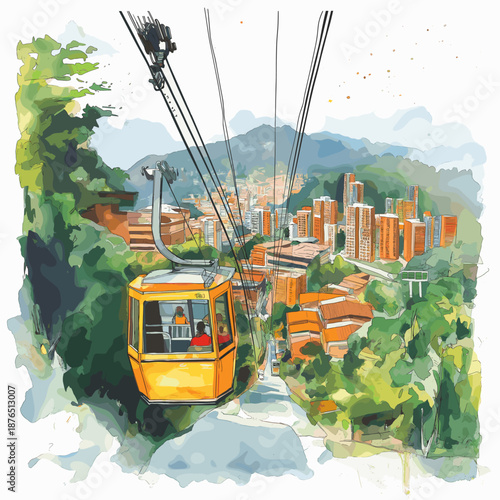 Medellin ? Comuna 13 and Cable Cars. Medellin ? Comuna 13 and Cable Cars hand drawn watercolor illustration