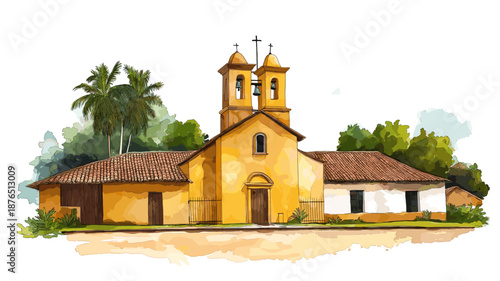 Jesuit Missions of La Sant?sima Trinidad. Jesuit Missions of La Sant?sima Trinidad hand drawn watercolor illustration