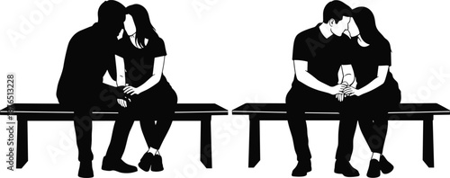 Romantic couple silhouettes sitting on bench holding hands and kissing, love relationship concept, dating moments, emotional connection, intimacy scene isolated on white background