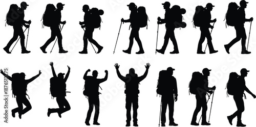 Hiking people silhouettes collection showing backpackers walking and jumping poses, trekking poles, outdoor adventure activities, travel lifestyle concept isolated on white background