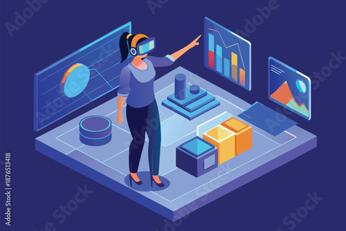 A woman wearing a VR headset explores immersive dashboards, charts, and 3D blocks in a futuristic digital workspace, symbolizing innovation, data analytics, and modern tech collaboration.