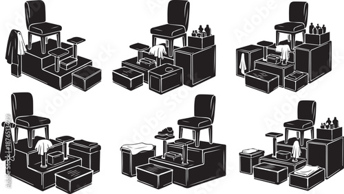 Various nail salon workstation setups with furniture and tools