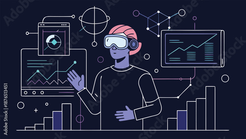 A futuristic scene of a person wearing a VR headset, examining holographic dashboards and charts to symbolize data analytics, immersive technology, and innovation in a modern lab.