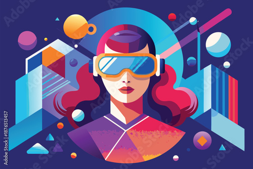 Futuristic stylized illustration of a woman wearing a VR headset in a vibrant neon cityscape with abstract geometric shapes, symbolizing technology, innovation, and immersive digital exploration.