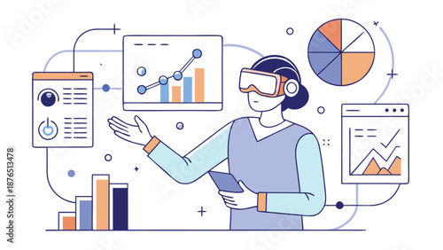 A person wearing a VR headset presents data dashboards, charts, and graphs, illustrating analytics, progress, and insights in a futuristic tech setting.