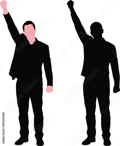 Raised fist protest silhouette figures, powerful human rights activism gesture, freedom demonstration concept, black vector illustration isolated on white background social movement equality