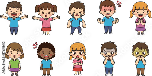 A collection of diverse cartoon children illustrations expressing various emotions and feelings, including happiness, sadness, anger, and fear.