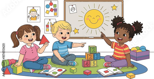 Three happy children playing with colorful shapes and number blocks in a bright classroom setting, learning together.