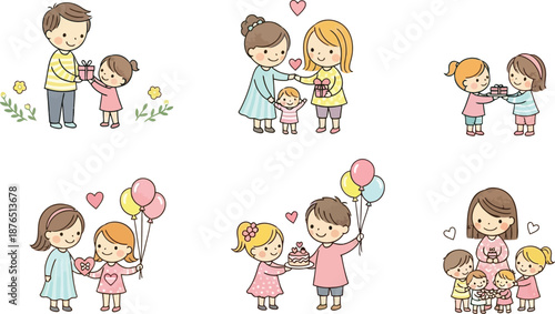 A collection of cute cartoon illustrations depicting various family members and children celebrating special occasions and exchanging thoughtful gifts.