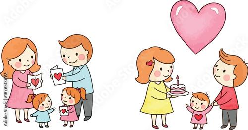 Adorable cartoon illustration depicting two separate happy families celebrating special occasions like birthdays and holidays with love and gifts.