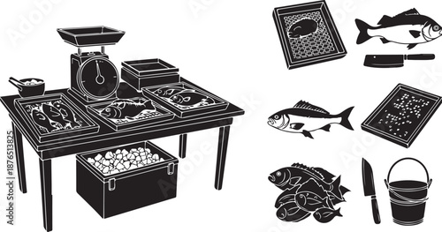 Fish Market Illustration with Various Seafood and Utensils Displayed