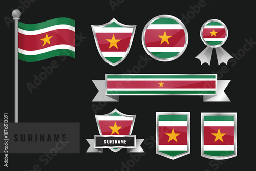 Suriname flag set. Collection of Suriname national emblems. Flat design of flags collection