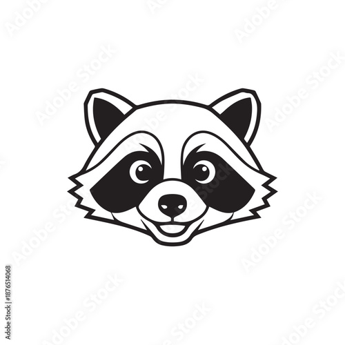 Smiling raccoon mascot head logo illustration with bold black and white features.