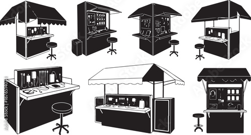 Various Food and Beverage Kiosks with Canopies and Counters