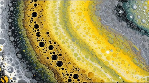 Wallpaper Mural Abstract fluid art with swirling yellow, grey, and black patterns and circular shapes Torontodigital.ca