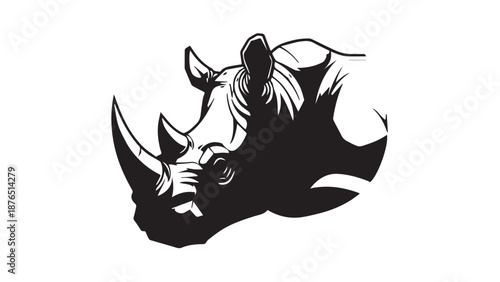 Stylized black and white rhinoceros head illustration with bold silhouette.