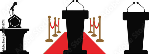 three podiums with microphones and red carpet silhouette