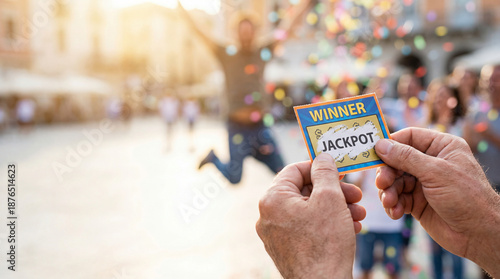 Hands hold jackpot winner ticket. Close view of lottery scratch card with jackpot message, confetti celebration, blurred crowd cheering, perfect for newyear giveaway, contest promo, lucky win concept