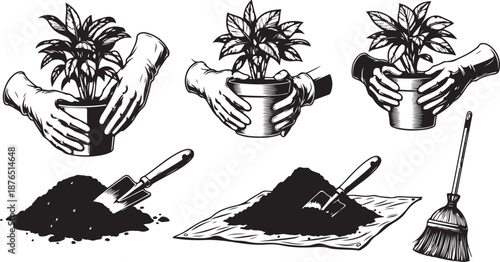 Gardening tools and hands holding plants in pots illustration