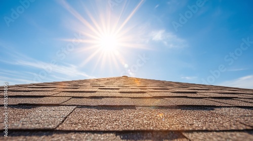 angle shot of a gabled house roof featuring overlapping pre-fabricated asphalt sheets under a bright midday sun. Solar flares hitting the textured surface highlight the UV resistance. Clear 