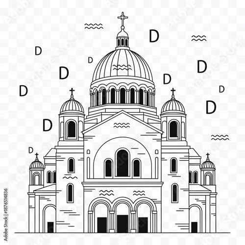Black and white line art illustration of a grand orthodox church with domes and crosses cathedral