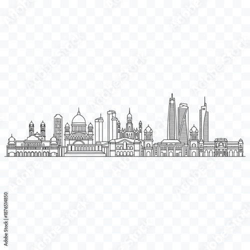 Black and white line art skyline of diverse architectural buildings and skyscrapers on a transparent background