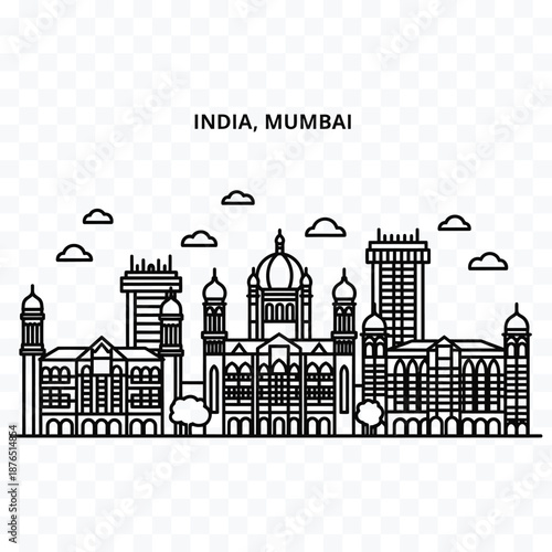 Black and white line art illustration of Mumbai skyline with iconic buildings and clouds India