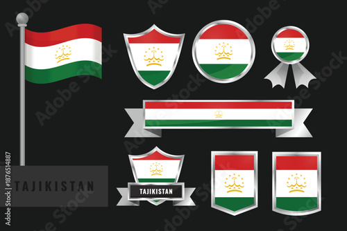 Tajikistan flag set. Collection of Tajikistan national emblems. Flat design of flags collection