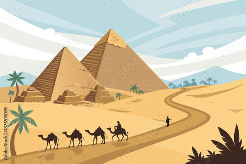 Caravan Silhouettes Near Ancient Giza Illu