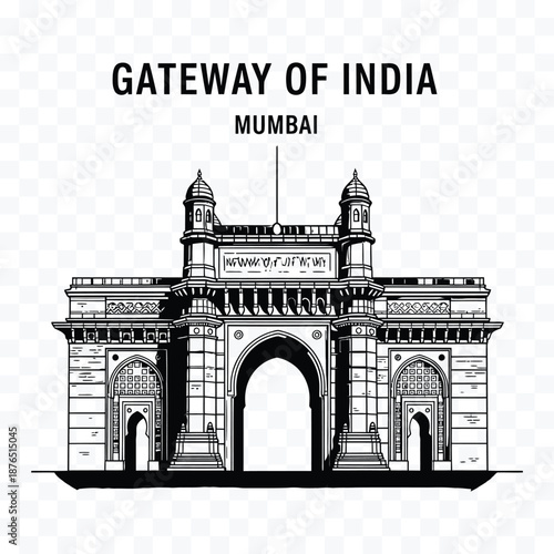 Gateway of India Mumbai monument architectural landmark black and white line art illustration
